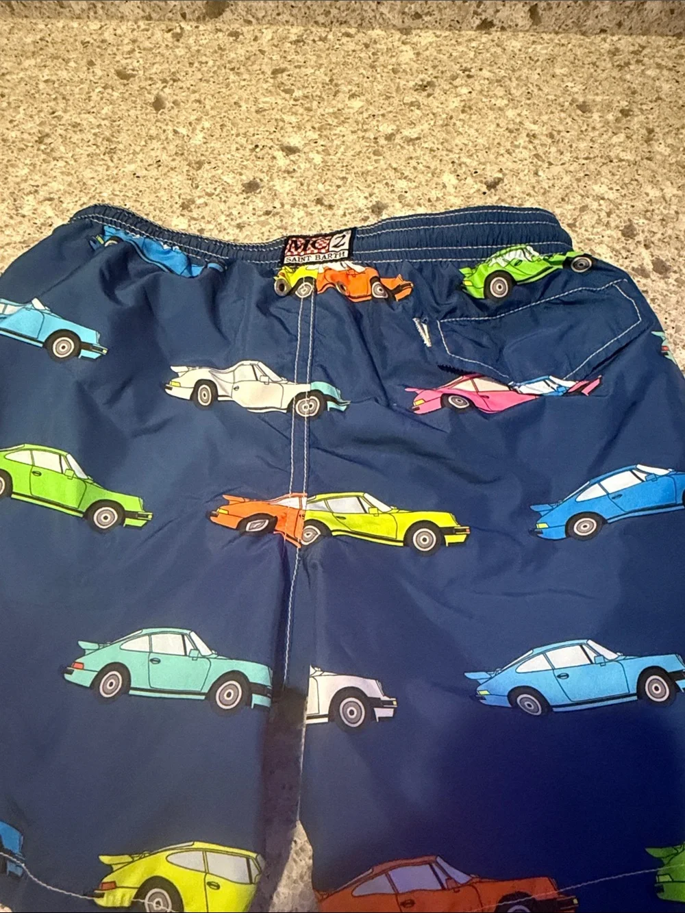 MC2 Saint Barth Navy Swim Trunks with Colorful Porsche Car Print